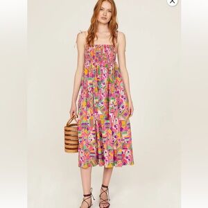Anthropologie S/W/F Miro Midi Dress Smocked Tie Shoulder Geometric Print Sz L